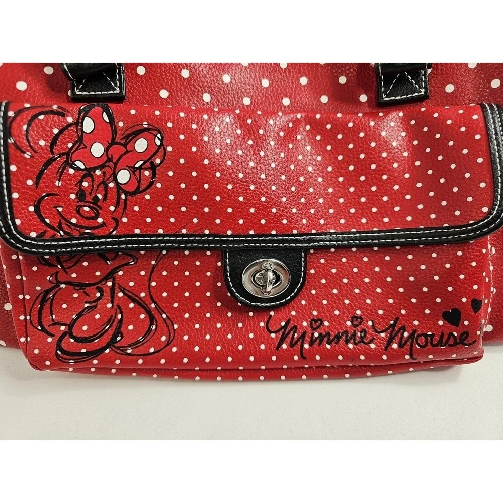 Disney Parks Minnie Mouse Handbag Purse Satchel Red Polka Dots Faux Leather -EUC